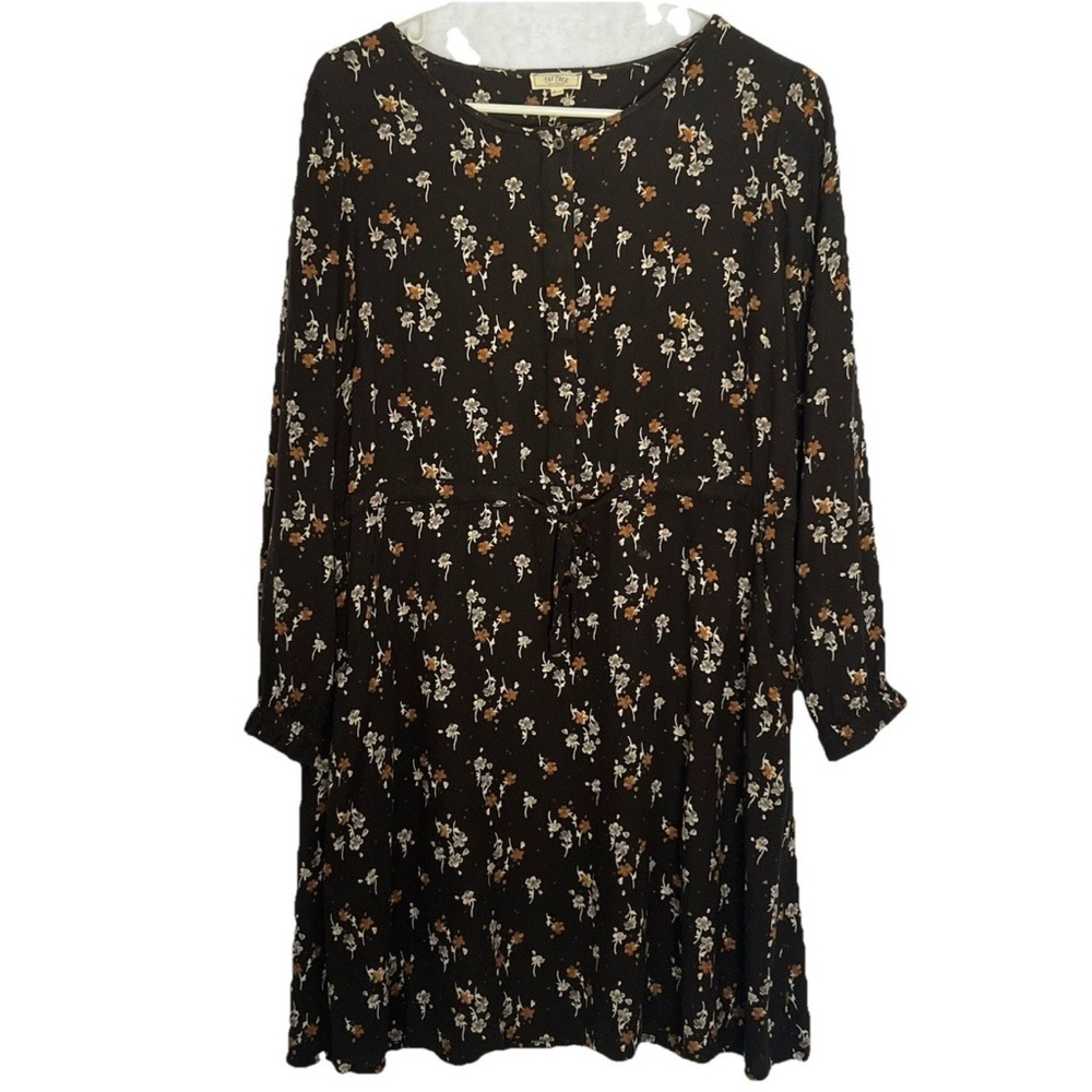 Fat Face Floral A-Line Short Dress size 6 Black Long Sleeve Pockets round neck